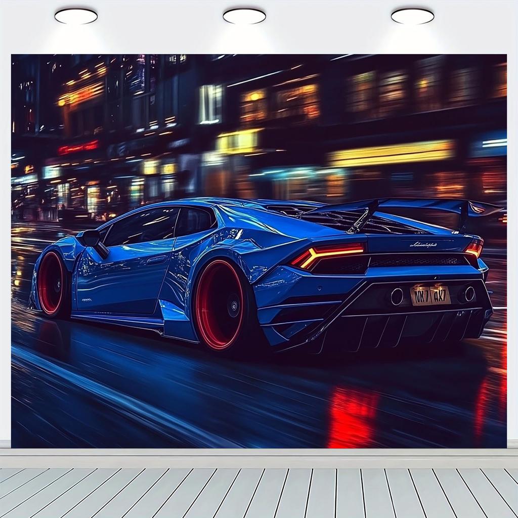 1pc Blue sports car at night with wall background - energetic party banner, home decoration