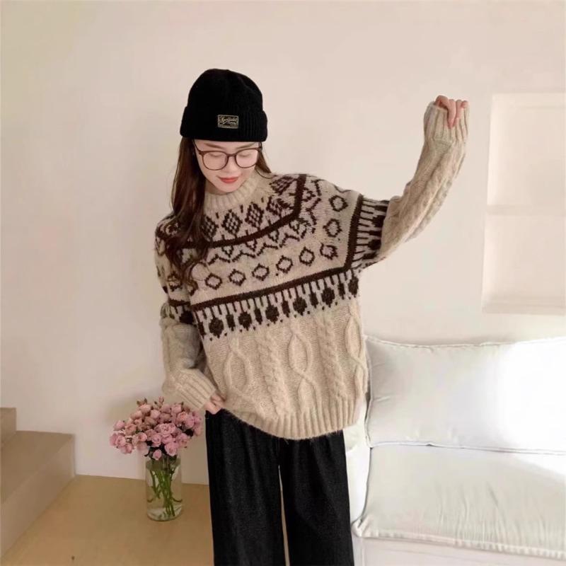 

Retro rhombus jacquard Fair Island new sweater women s autumn and winter design sense thickened knitted sweater loose coat One Size
