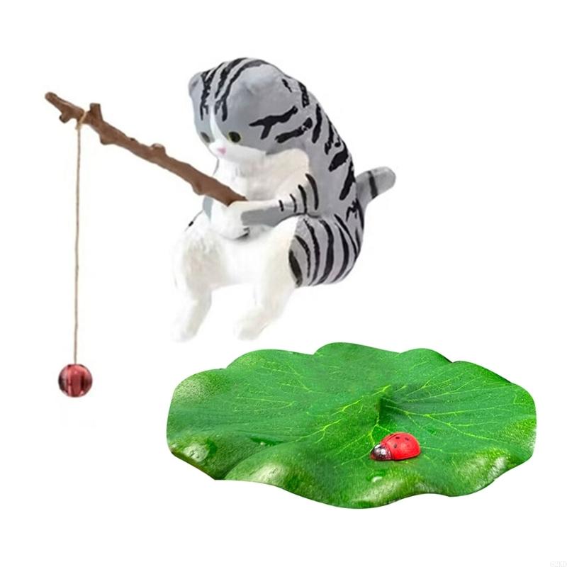 62KD Creative Cats and Ladybird Leaf Resins Sculpture for Unique Fishtank Ornaments