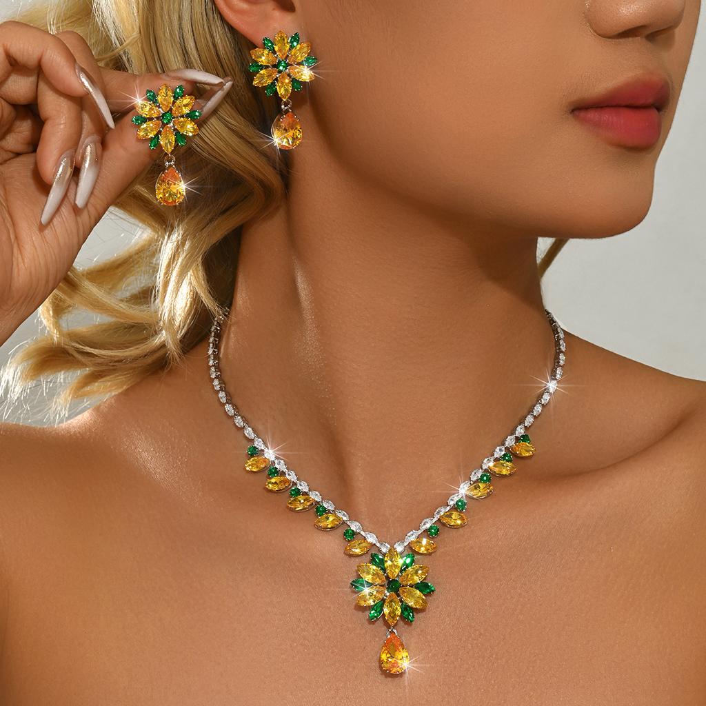 Women Flower Necklace Earrings Wedding Party Banquet Accessory