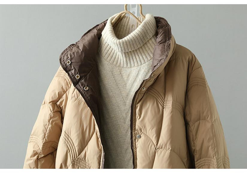Women's Cross-Border Stand Collar Medium-Long Loose Down Jacket - White Duck Down, Light, Warm, Autumn/Winter, Xiangyun Style.
