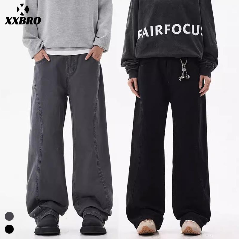

XXBRO Unisex American High-Street Wide-Leg Spliced Straight Casual Pants Small сірий колір