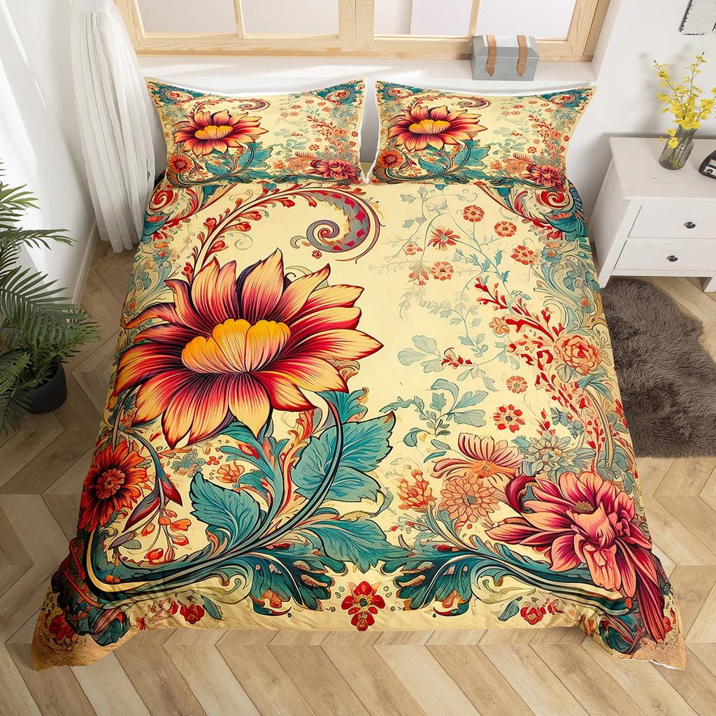 Colorful Flowers Beding Set Boho Paisley Floral Decor Soft Duvet Cover for Women Mothers Day Gifts, Warm Soft plus Breathable Quen