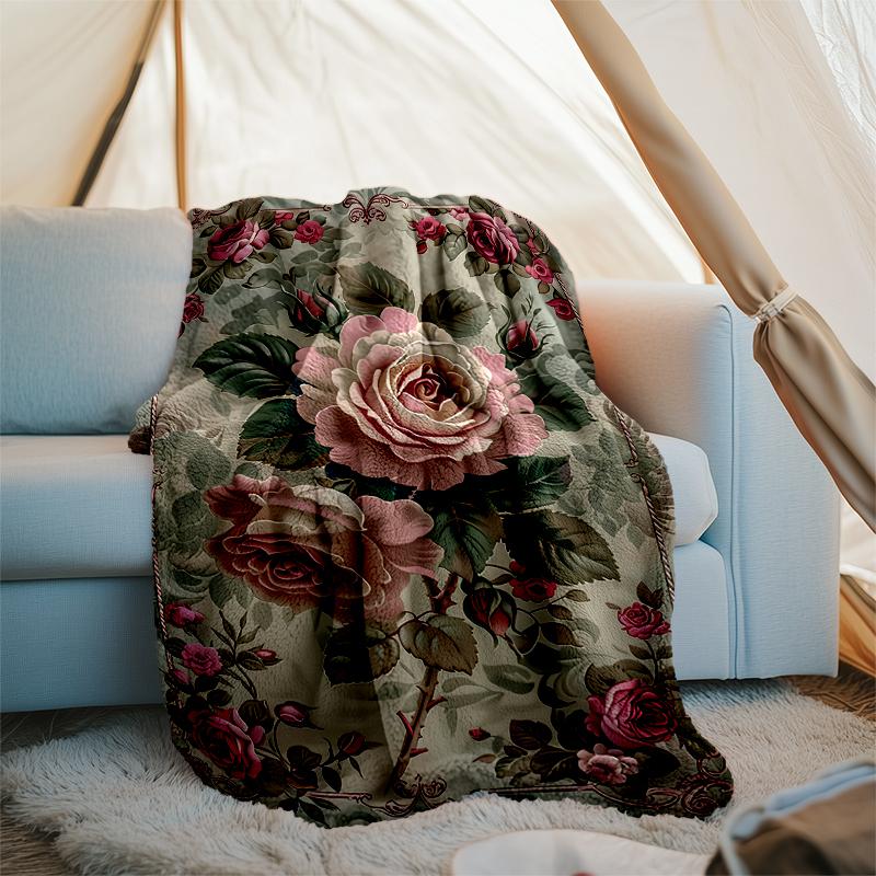 Roses Garden Print Flannel Blanket, Soft Warm Lightweight Throw Blanket for living Room,Sofa Bed Camping office