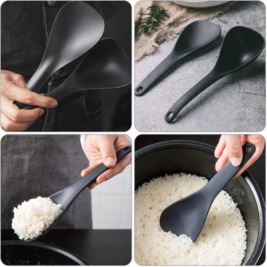 Silicone Rice Paddle, Non-Stick Heat Resistant Kitchen Gadget Set of 2, Black Rice Scoop & Spatula