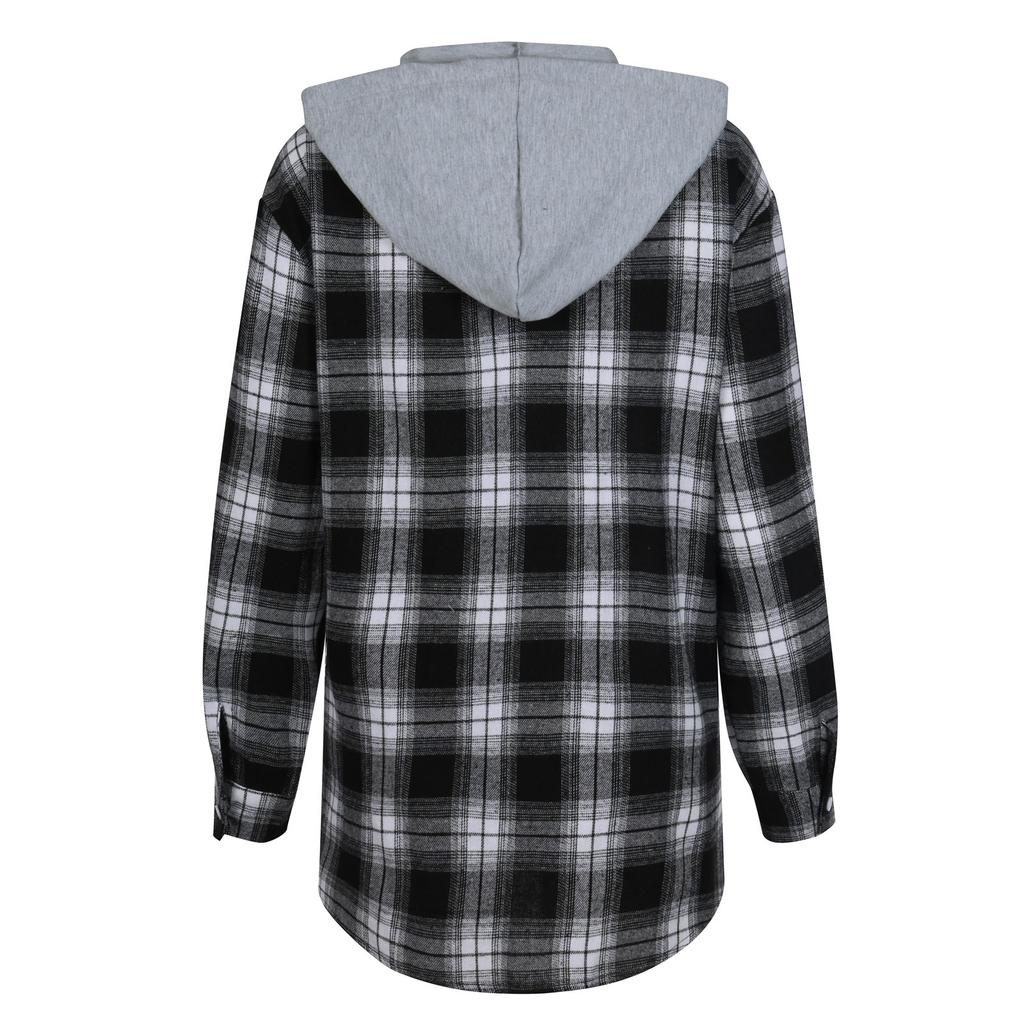 Fashion Women's Temperament Plaid Single-breasted Cardigan Hooded Long Sleeve Shirt