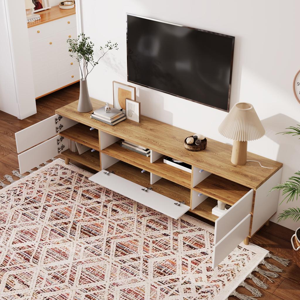 TV Cabinet, Lowboard, Living Room Furniture In White and Wood Colors. Compartments and Doors In Natural Farmhouse Style.