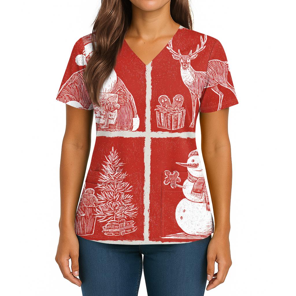 Women's Christmas Print V-Neck Double Pocket Short Sleeves Hem Slit  Uniform And Caregiver Top