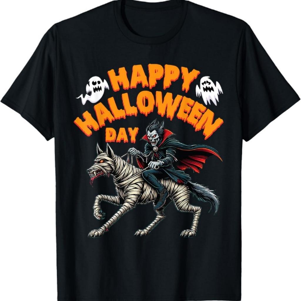 Dracula Riding a Mummy Wolf Happy Halloween Animals Lover T-Shirt