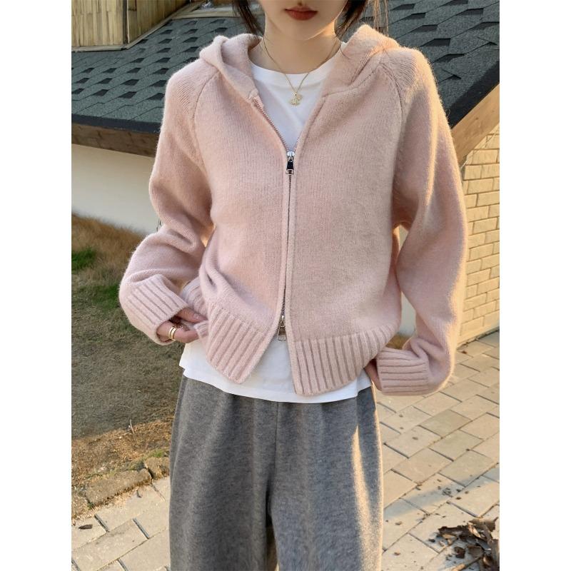 Double zipper hooded knitted cardigan women's autumn and winter exterior design lazy gentle wind sweater jacket