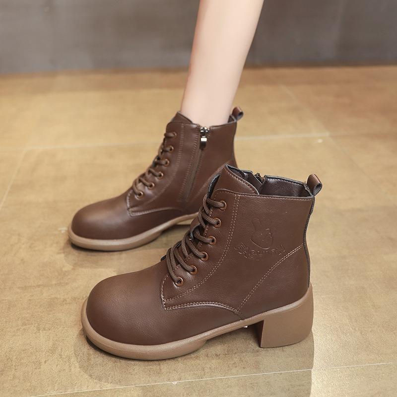 

Soft leather velvet autumn and winter new women s thick heel retro fashion boots thick heel versatile boots 40 коричневый