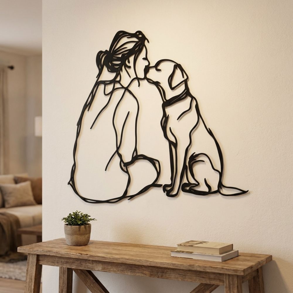 Minimalist Woman And Dog Wall Decor 2D Flat Line Art Metal Decor Modern Wall Decor Modern Home
