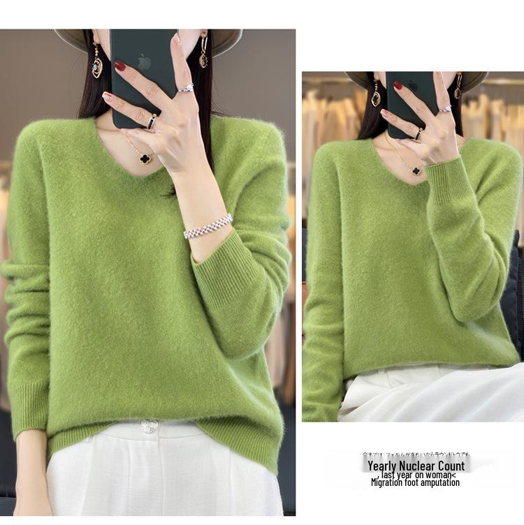 Women's V-Neck Seamless Wool Sweater - Loose, 100% Cashmere Knit for Autumn/Winter