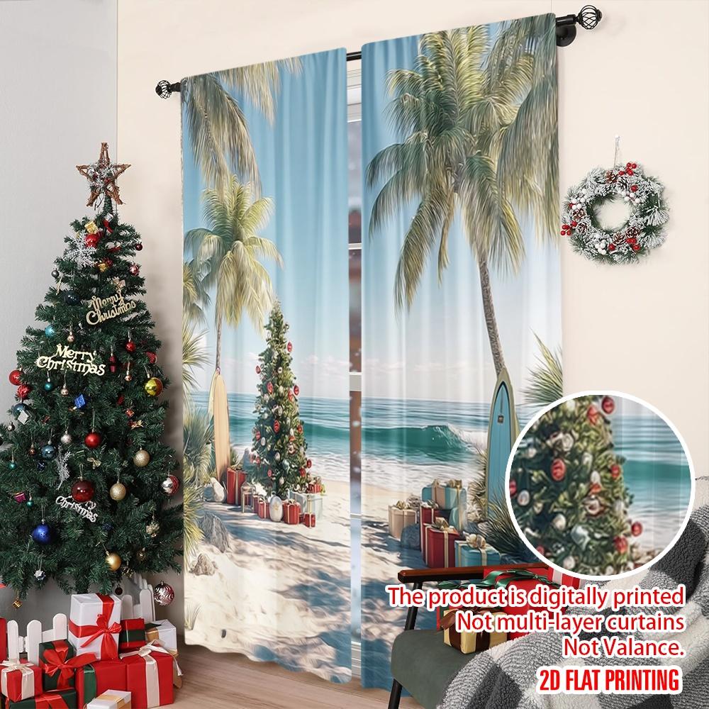 Set Of 2 Flat Printing Merry Christmas Drapes Beach Tree Surfboard Gifts Polyester Without Electricity Spring Use Curtain