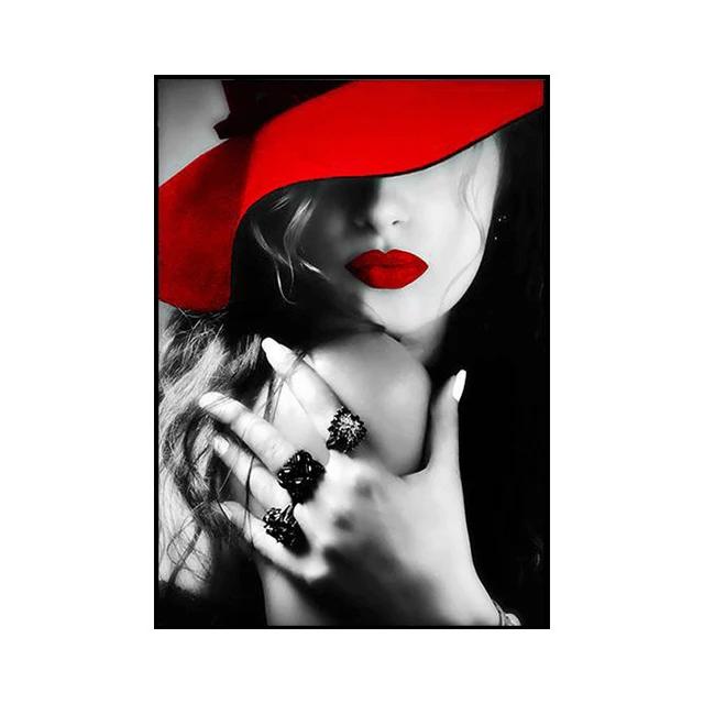 Modern Black and White Sexy Smoking Women with Red Lip Hat Print Art Canvas Poster for Living Room Decoration Home Wall Decor