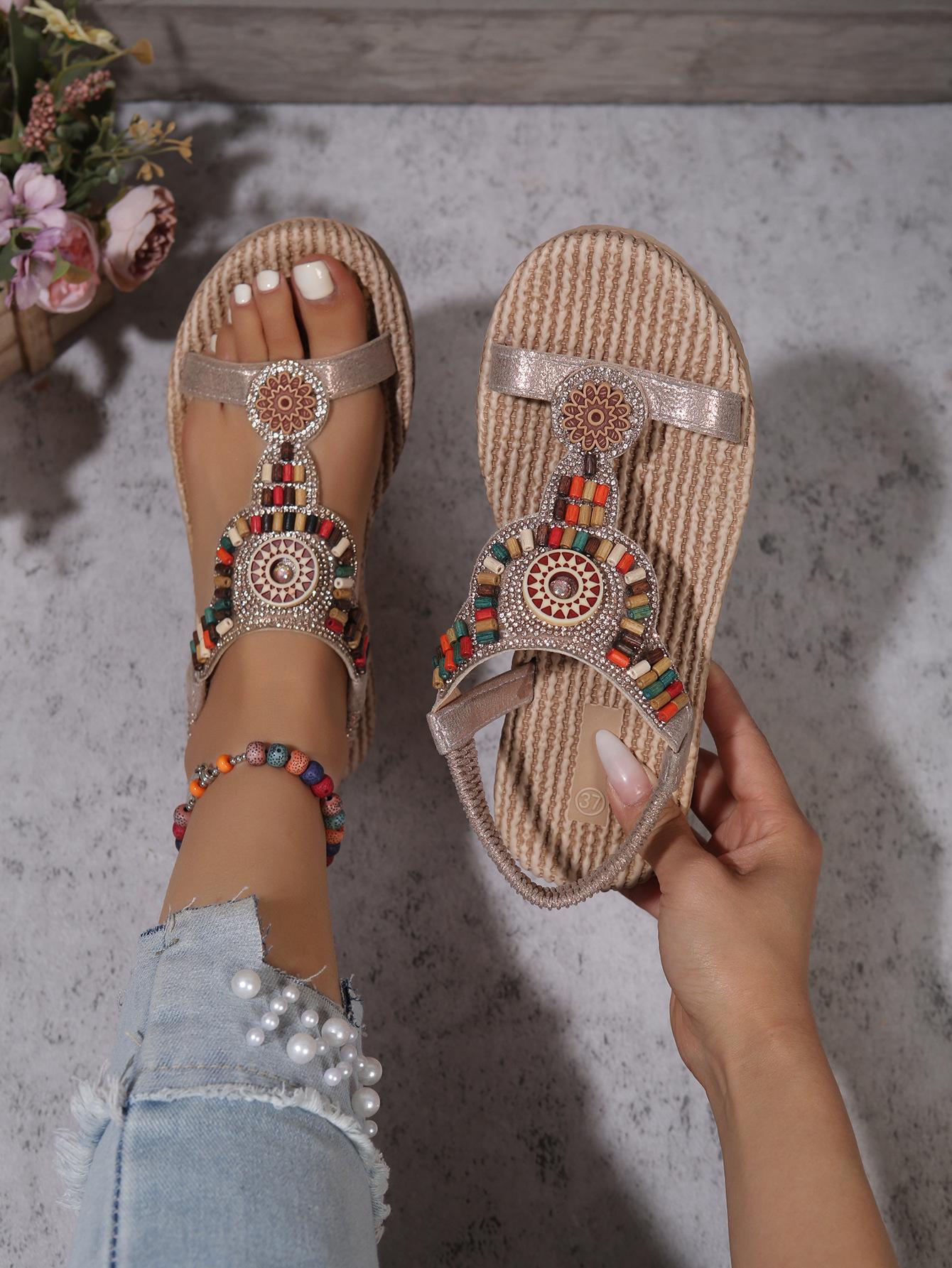 

New retro casual Roman sandals women s fashion beaded famous style large size sandals non-slip flat beach sandals 43 золотой