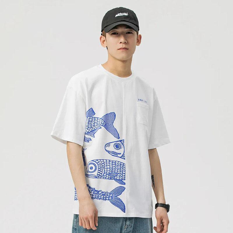 Japanese Cotton T-shirts Mackerel Print Patchwork Tees Summer Oversized O-neck Short Sleeve Casual Shirts Men Clothing