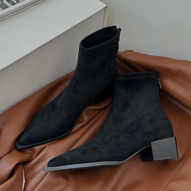 Mode Mode Flock Schuhe Damen Stiefeletten mit Reißverschlüssen Schuhe Spitzschuh Damen Kurze Stretch Stiefeletten Damen Absatzschuhe