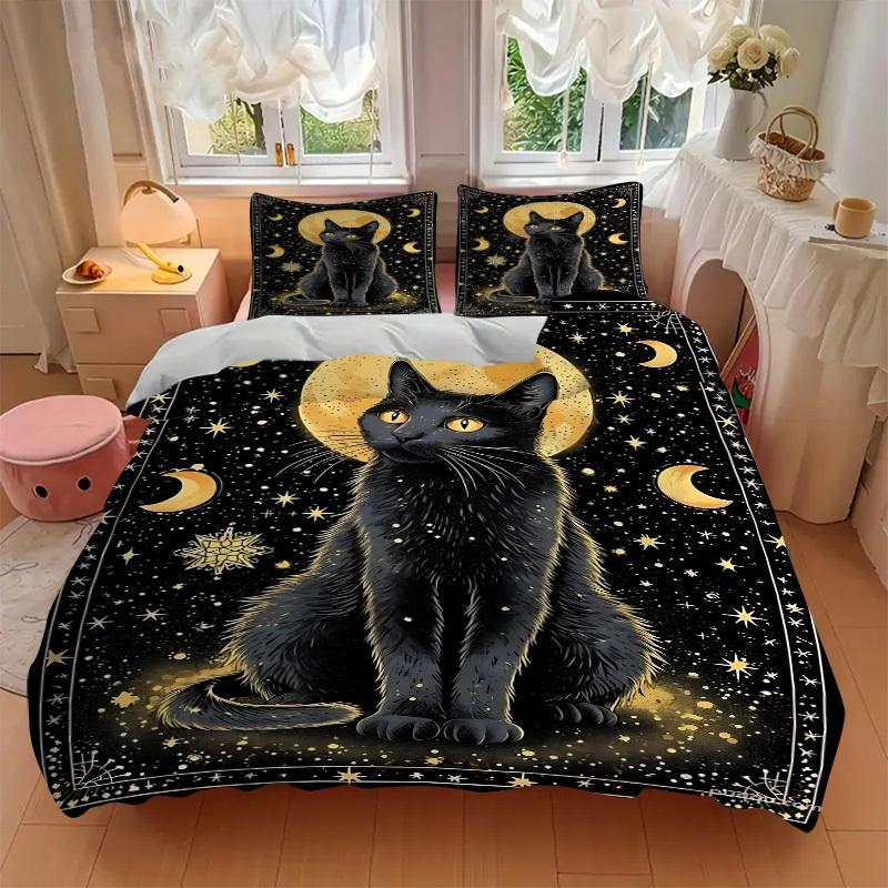3pcs Black Cat Moon Night Duvet Cover Set, Cover For Bedroom Guest Room (1 Duvet Cover + 2 Pillowcase, Without Quilt),  Yy250922224