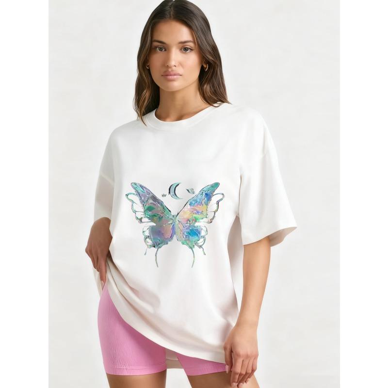Oversized T Shirt Black Butterfly Moon Print Graphic Tee Casual Streetwear Fashion Women Summer Top