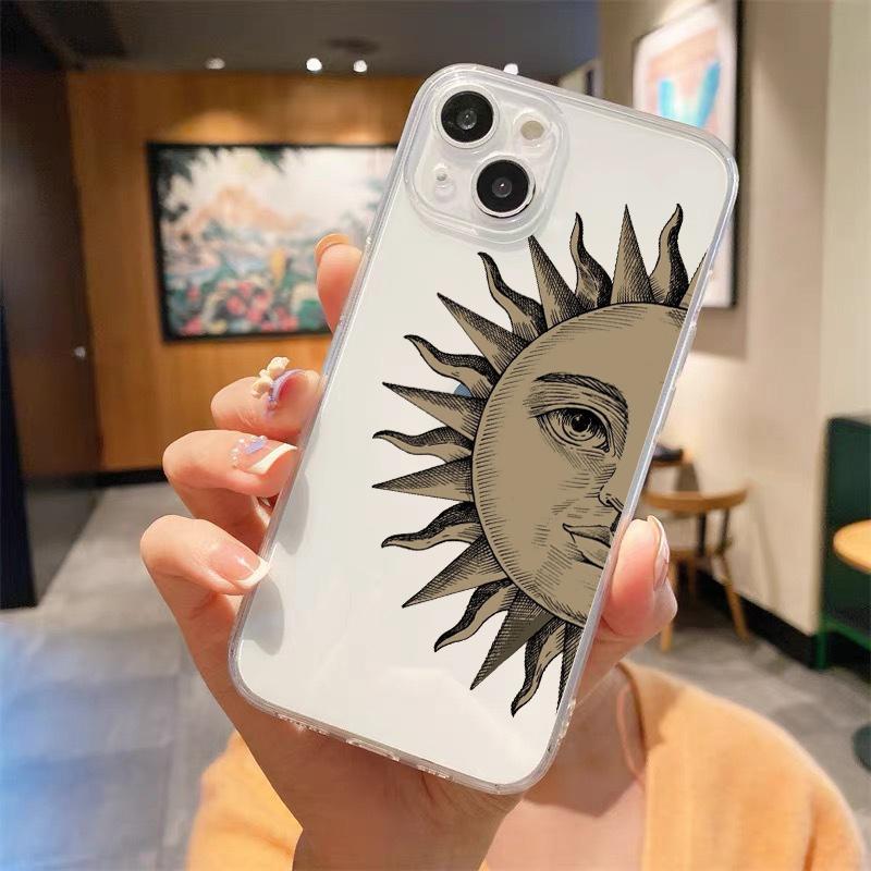 სასაცილო მზე მთვარე ანგელოზის თვალები სუფთა ტელეფონის ქეისი iPhone 14 13 11 12 Pro Max X XR XS 7 8 Plus SE Soft Cover Luxury Coque Funda Capa