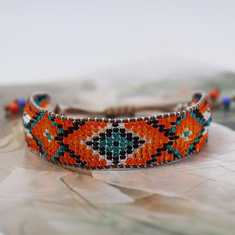 Bohemian Style Geometric Gradient Beaded Bracelet with Colorful Rice Beads