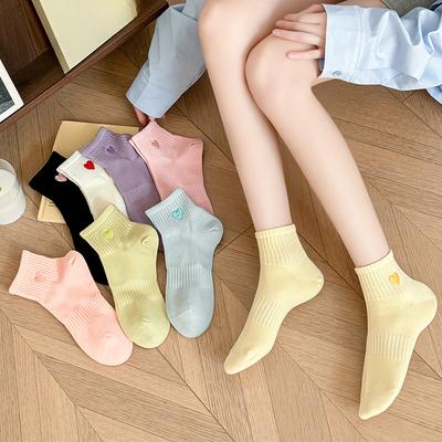 Women's Spring and Summer Thin Love Embroidered Low Top Boneless Breathable Mid Tube Cotton Socks