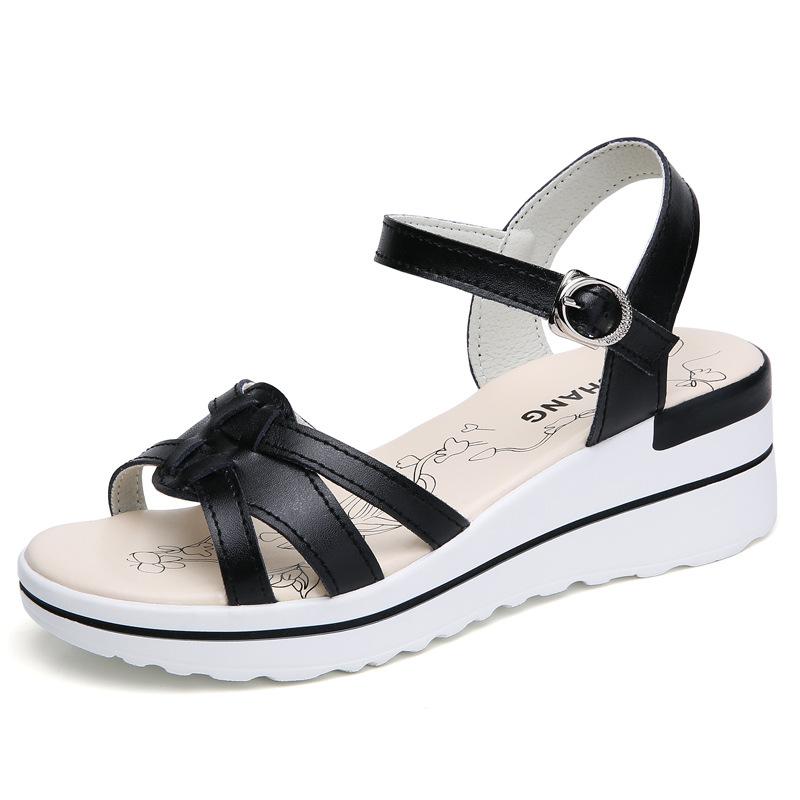 Student fashion thick-soled wedge heel leather medium heel sports sandals women's one-word buckle