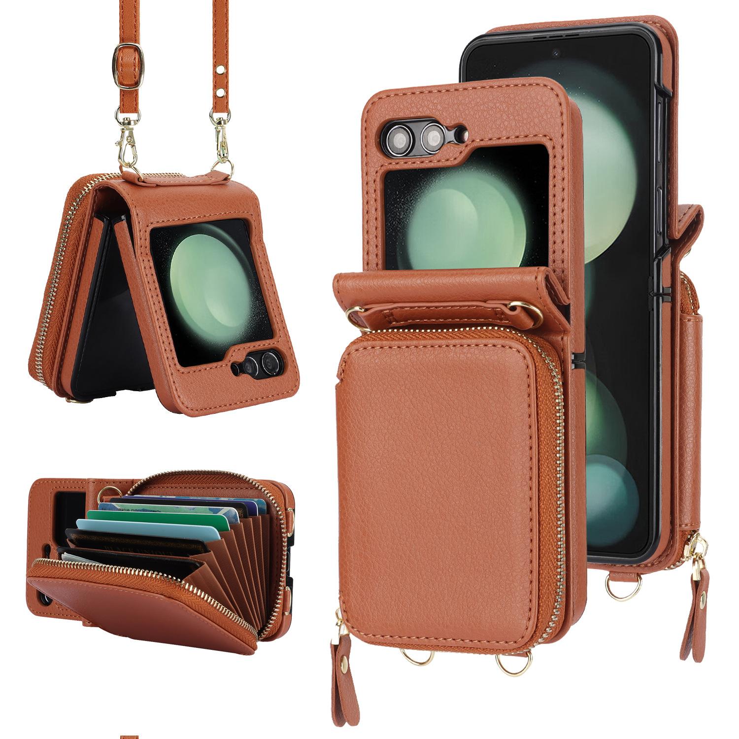 

Подходит для Samsung Flip5, складной чехол для мобильного телефона на молнии, чехол для мобильного телефона Z Flip3 Messenger Organ Card Bag VIVO X FLIP коричневый