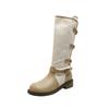 Fold the Low Heel Twice, Wear the Belt Buckle But the Knee Middle Tube, Women's Round Head Thick Heel Color Matching 2026 Winter New Knight Boots