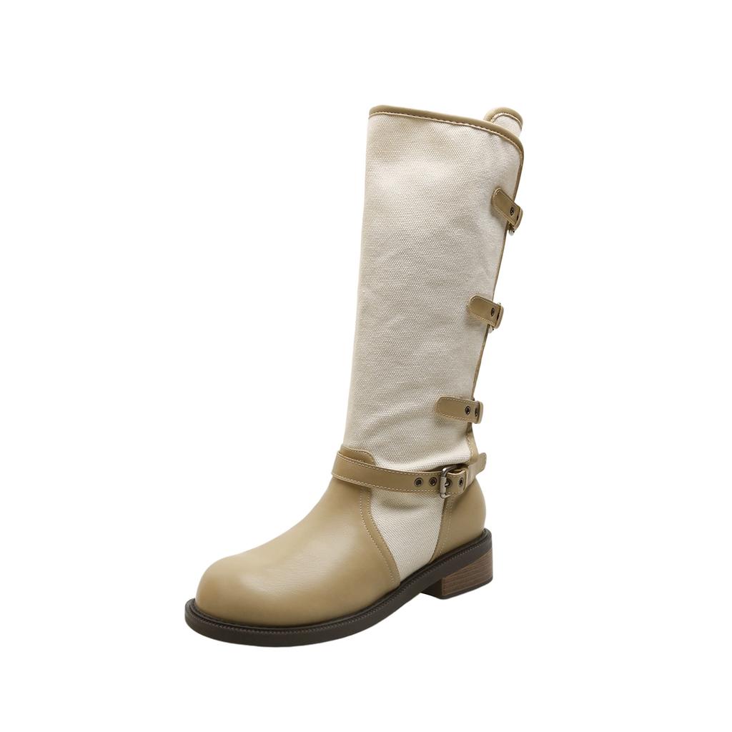 Fold the Low Heel Twice, Wear the Belt Buckle But the Knee Middle Tube, Women's Round Head Thick Heel Color Matching 2026 Winter New Knight Boots