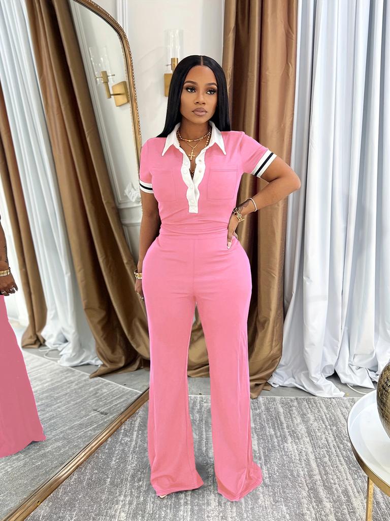 Women's Spring Summer Casual Set Polo Neck Top Wide Leg Pants Color Block Two Piece Outfit