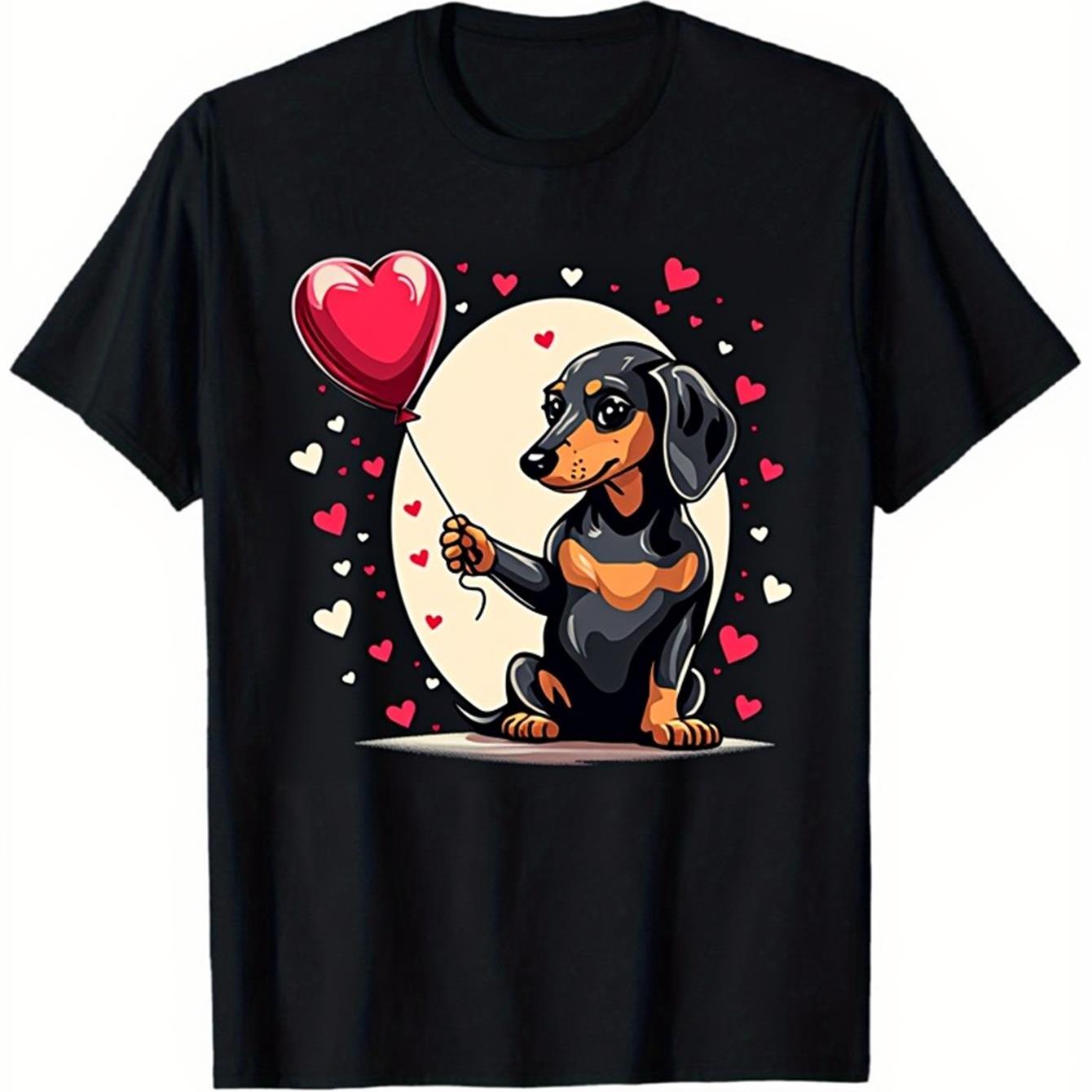

Dachshund Holding Heart Balloon Valentine Graphic Tee Soft Cotton Crew Neck T-Shirt Casual Daily Wear 4XL