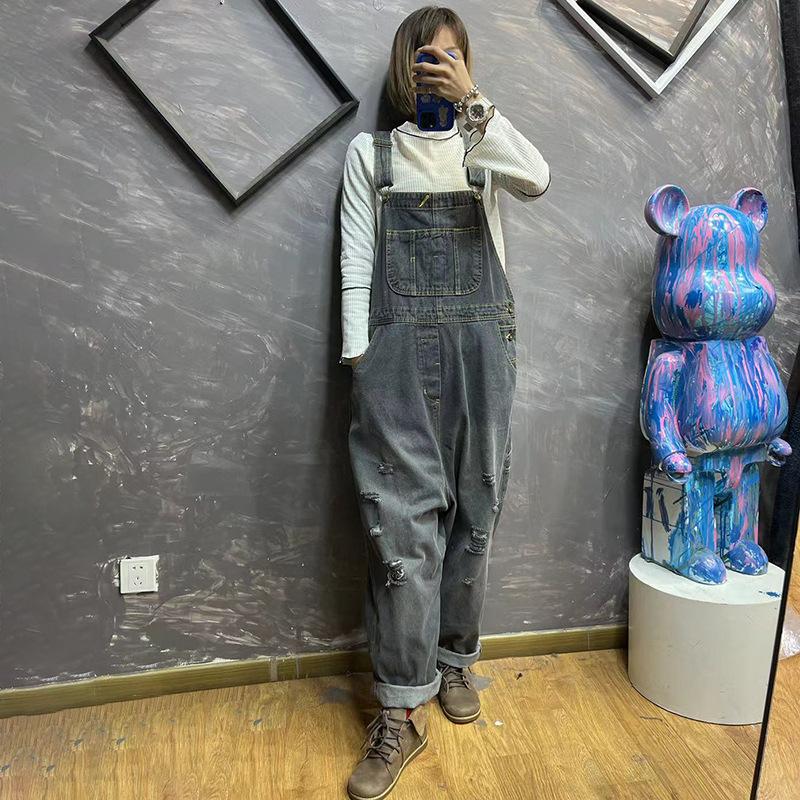 Denim Overalls Women's Fashion Loose Hole Design Overalls Women's Casual Retro Overalls Classic Trousers