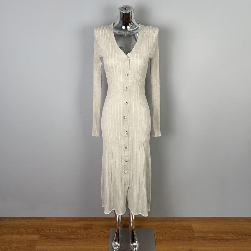 Элегантное облегающее вязаное платье с длинным рукавом из Дондэмуна для женщин One Size бежевый