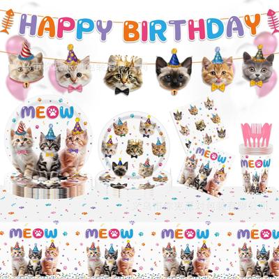 Cartoon Cat Party Supplies Kids Birthday Disposable Plates Cups Tablecloth Decor Kit
