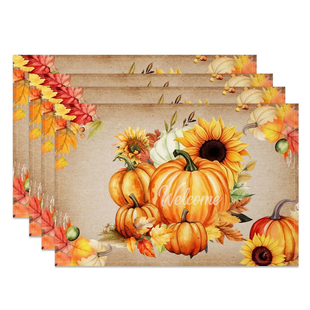 Pumpkin Sunflower Table mat Fall Floral Kitchen Home Rustic Table Farmhouse Washable Heat Resistant Wedding Party Decoration