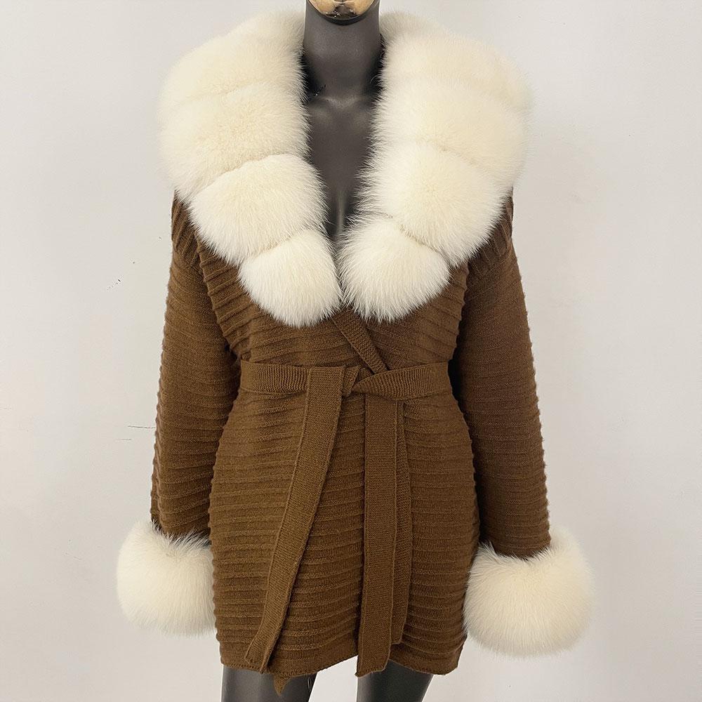 OFTBUY Podzimní Dámský Měkký Dlouhý Pravý Velký Liščí Kožich Teplý Pletený Kabát Pásek Klopa Límec Svrchní Oblečení Ležérní Svetr Bunda Volná Dámská Elegantní Dlouhá