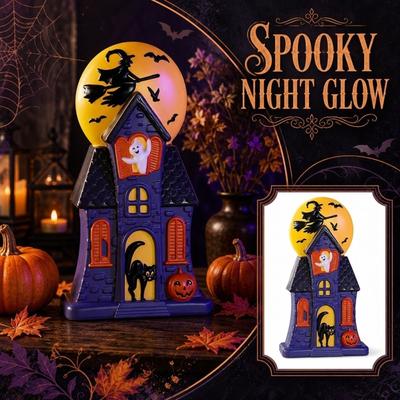 Halloween Spukhaus Dekoration mit Hexe auf Besen fliegend Geist Schwarze Katze Kürbis und Fledermäuse Beleuchtetes Halloween Ornament für den Innenbereich