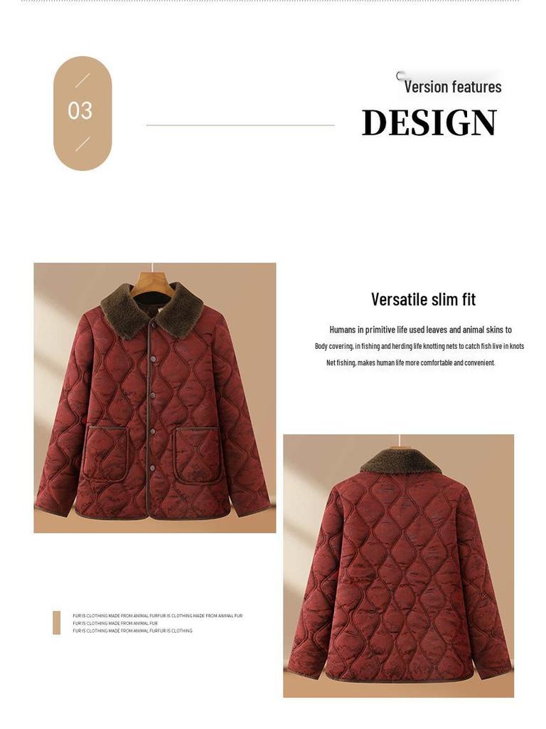 Stylish Floral Velvet-Enhanced Cotton Jacket for Middle-Aged Women - Short, Warm Autumn/Winter Wear for 50+.