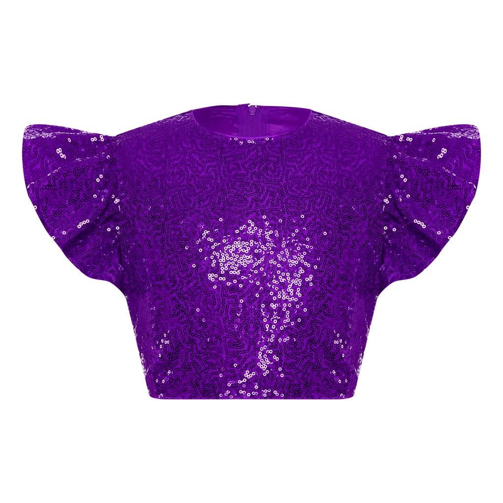 Dívčí párty halenka top třpytivý flitrovaný crop top kulatý výstřih volánkové design s muchlákovými rukávy podšitý narozeninový top
