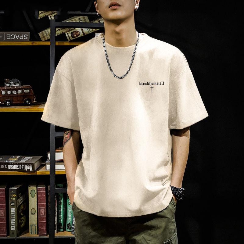 Fashionable Brand Pixie Letter Printed Suede T-shirt Men's Summer American Loose Casual Versatile Half-sleeved Shirt