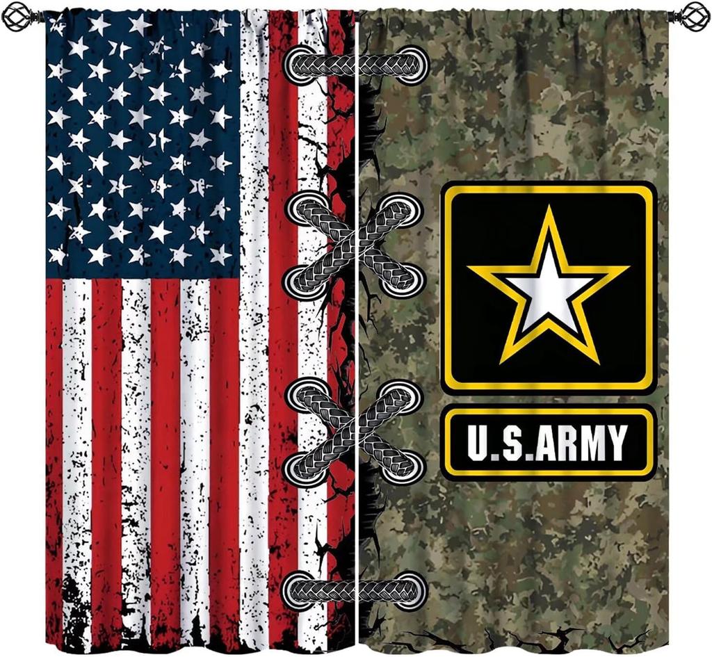 Farmhouse American Flag Curtains Boys Army Green Camo Vintage Stripe Us Print Window Kitchen Bedroom Curtain Polyester Ideal For Sleeping Area