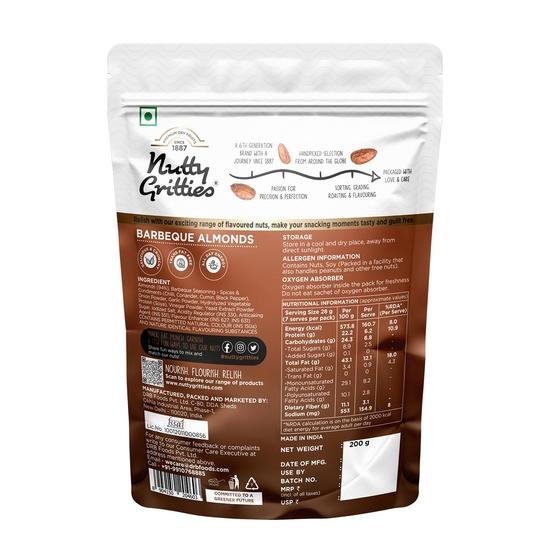 Nutty Gritties Party snacks Barbeque Almonds (BBQ) 200g - Healthy Party Snack, Dry Roasted, Non Fried, Zero Oil, Crunchy, Tasty