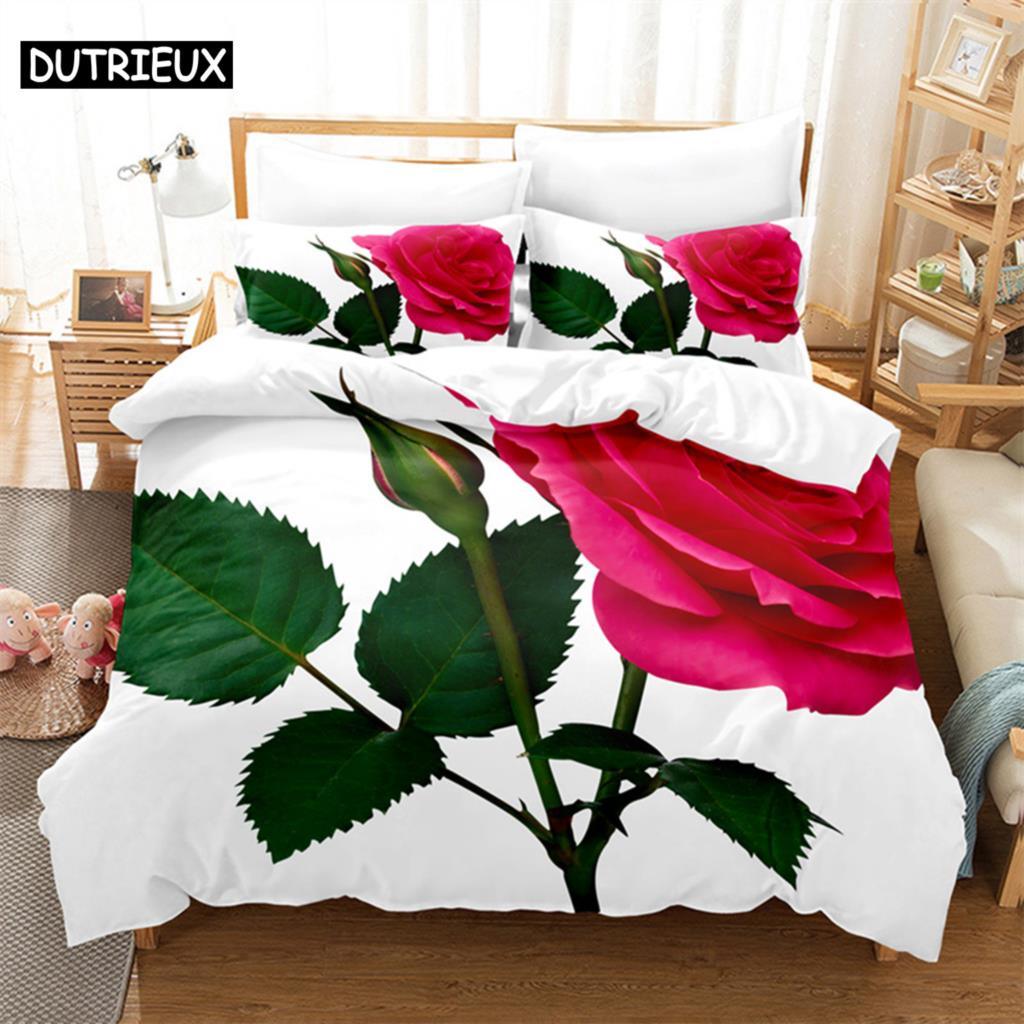 3D potisk červené růže - 3dílná sada povlaku na přikrývku, k dispozici ve velikostech King, Queen, Full, Single & Double