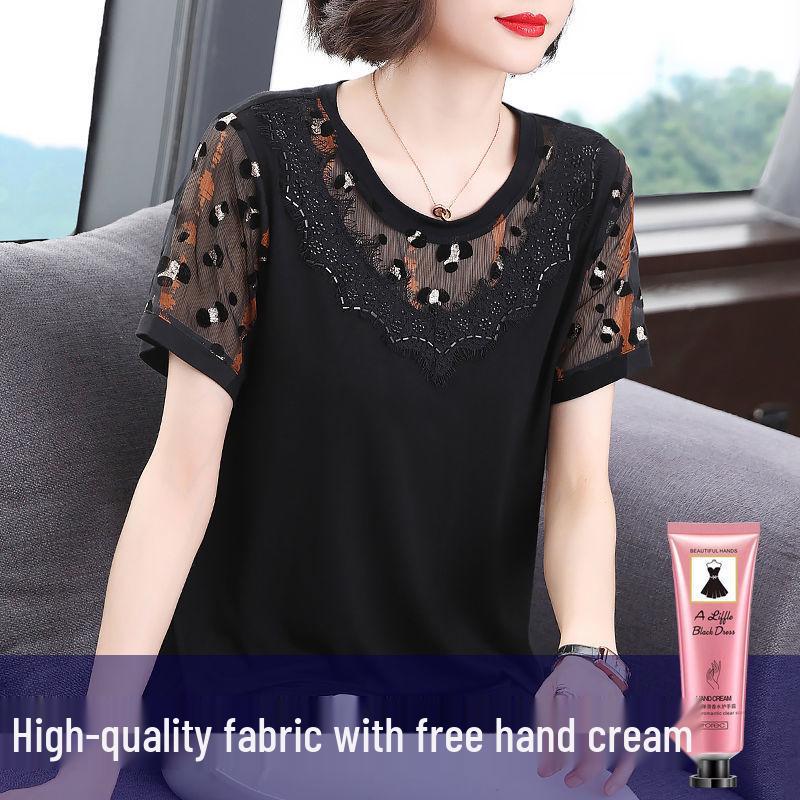 

Женская хлопковая футболка с коротким рукавом из черной сетки большого размера 2XL (Recommended 125-135 Jin)