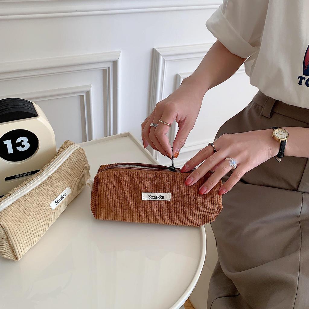 In Stock: Retro Corduroy Pencil Case - Solid Color, Simple Design for High School Students