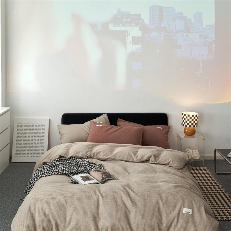 Waffle Weave 4-Piece Set: Modern Style, 60s Pure Cotton, Solid Color Bed Sheets, Pure Cotton Duvet Cover, Light Luxury Bedding