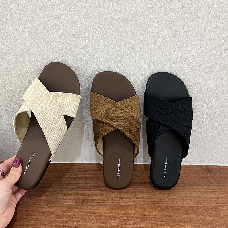 Cross-strapped linen slippers women's outerwear summer new retro casual sandals vacation seaside beach flat sandals