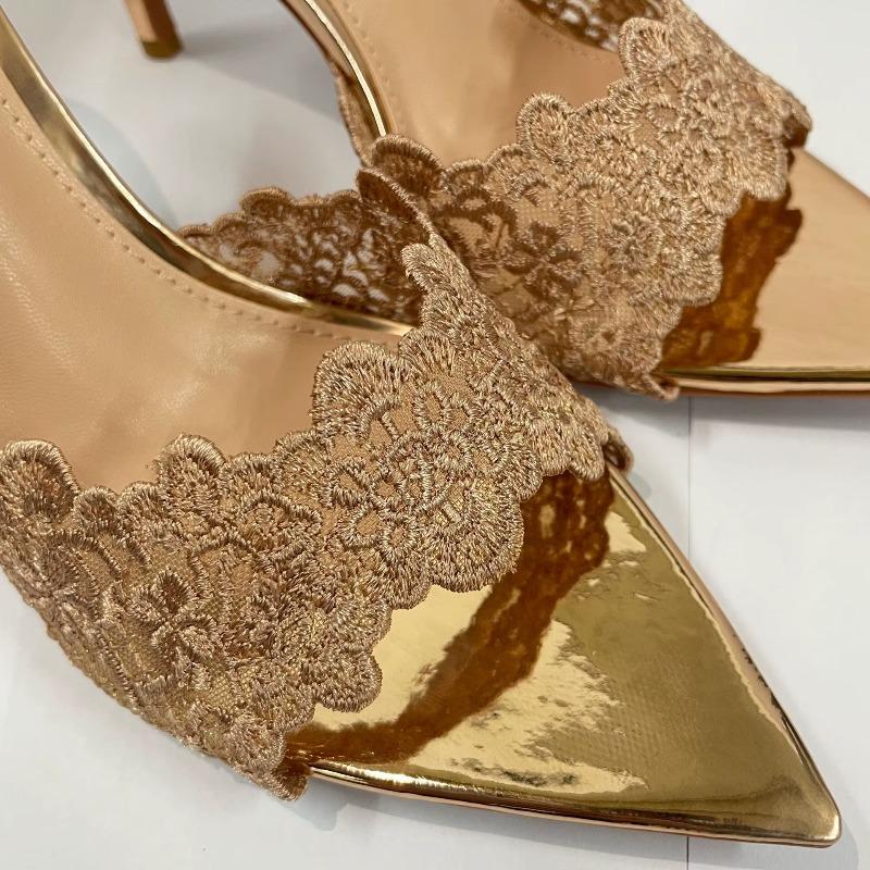 Soleist Elegant Women's Gold Lace Pumps | Pointed Toe Slip On High Heel Mules | Fashion Stiletto Shoes for Party Wedding